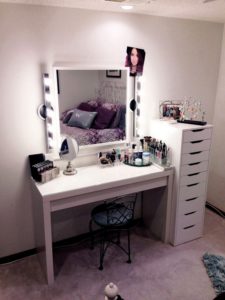cheap-furniture-ikea-vanity-hollywood-set-ideas-for-girl-with-white-gloss-paint-wooden-makeup-table-and-lighted-bulb-on-square-mirror-framed-plus-small-black-iron-vanity-chairs